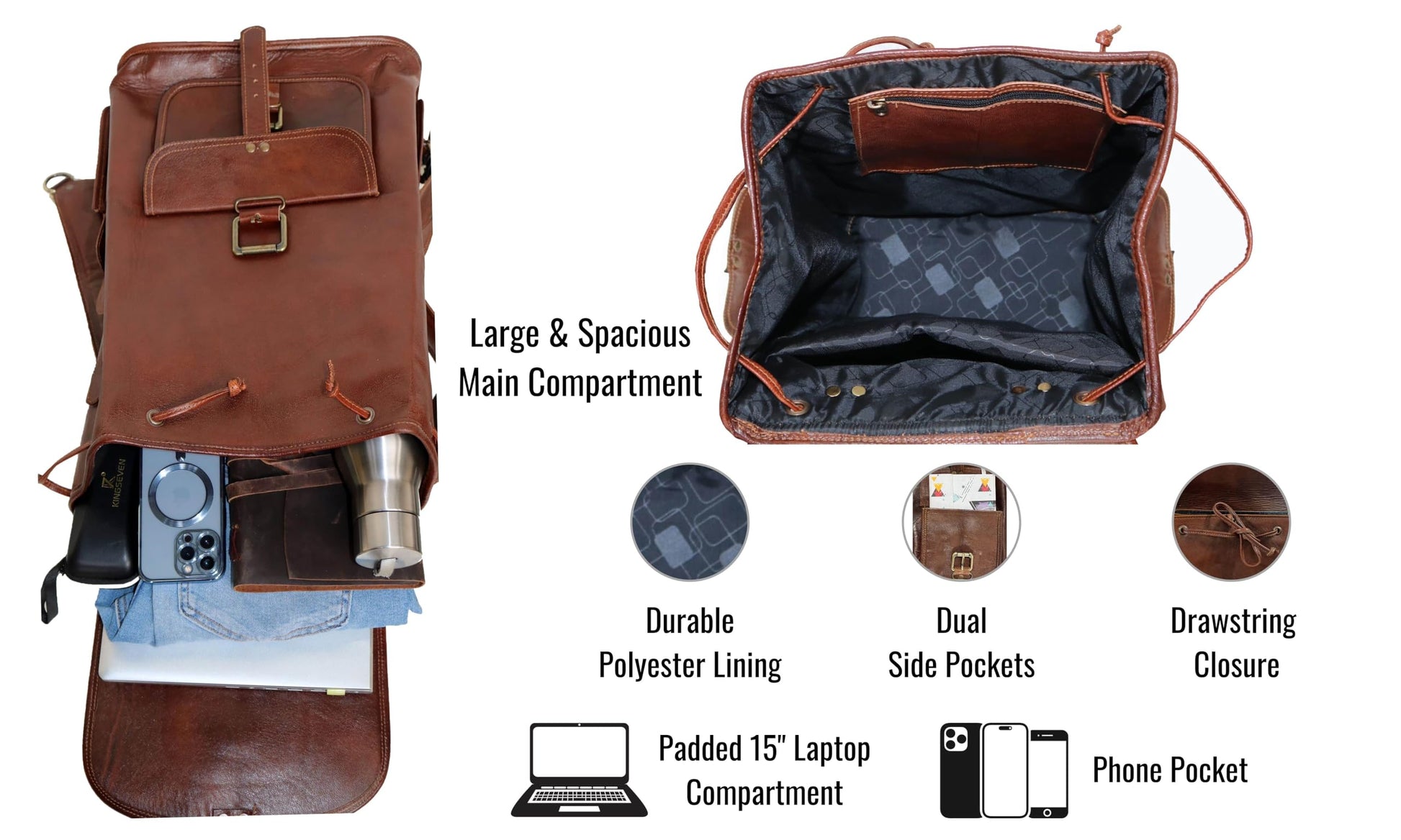 18" Leather Backpack Travel rucksack knapsack daypack College Bag for m- image 7