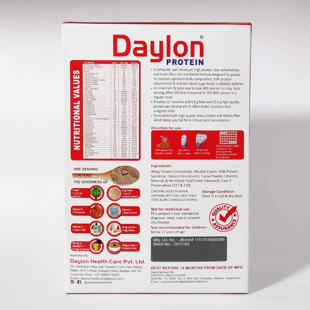 Daylon Diabetic Protein Powder, Sugar-Free, Chocolate, 500g – 15.6g Protein, 27 Vitamins, 4.8g Fiber, Diabetic-Friendly Whey Supplement
