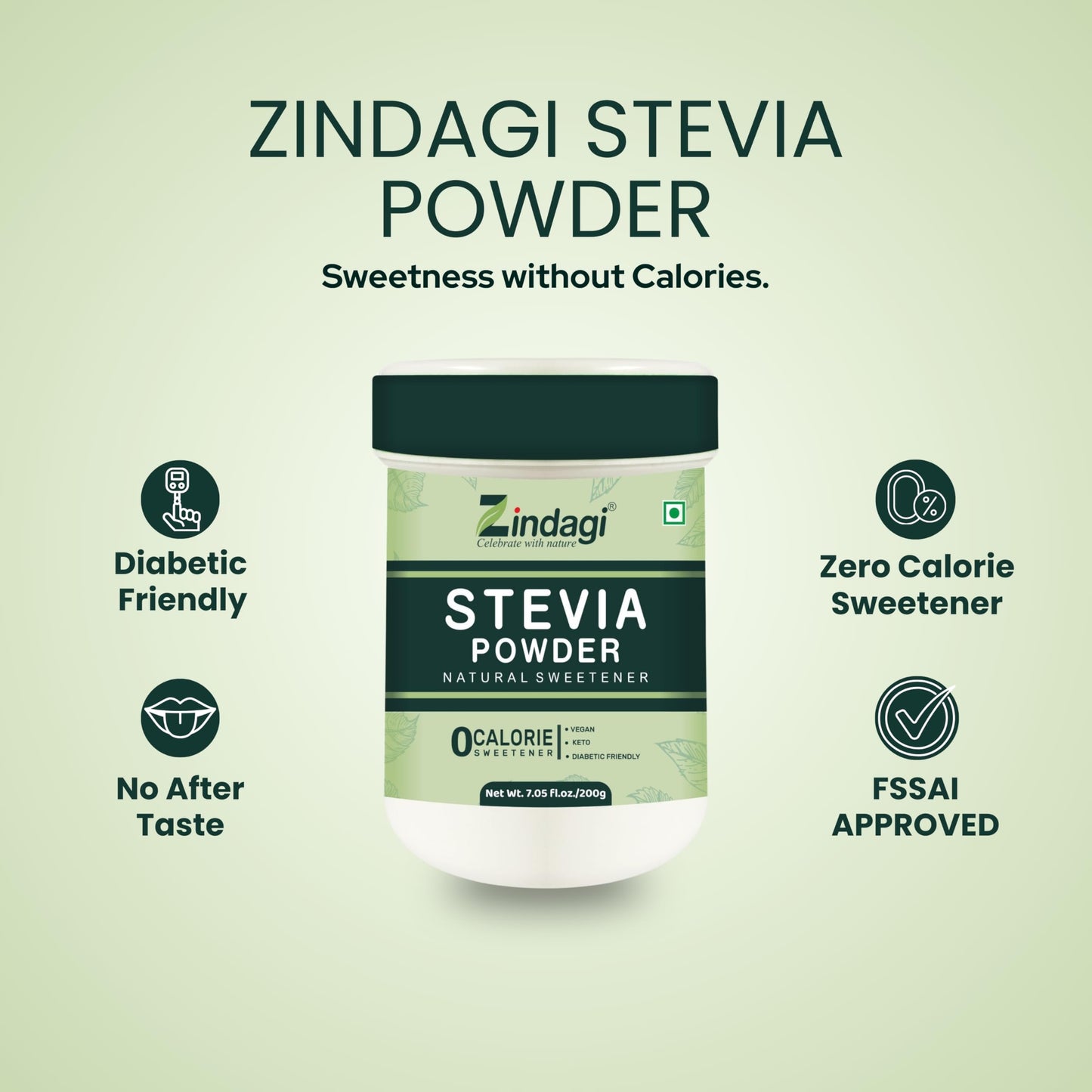 Zindagi Stevia Powder Sugar | Natural Sweetener | Zero Calorie Sugar Substitute | Keto & Veg Sugar | 200gm