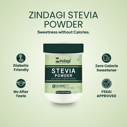 Zindagi Stevia Powder Sugar | Natural Sweetener | Zero Calorie Sugar Substitute | Keto & Veg Sugar | 200gm