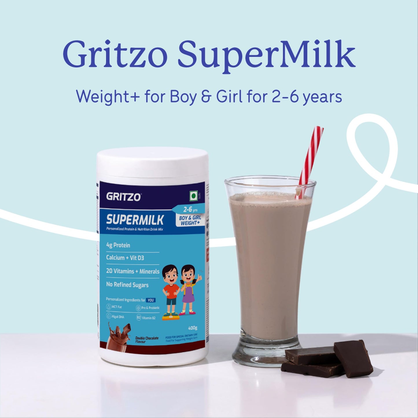 Gritzo SuperMilk Weight+ (2-6y Boy & Girl), 4g Protein Powder (Double Chocolate, 400g) | Zero Refined Sugar, 20 Vitamins & Minerals