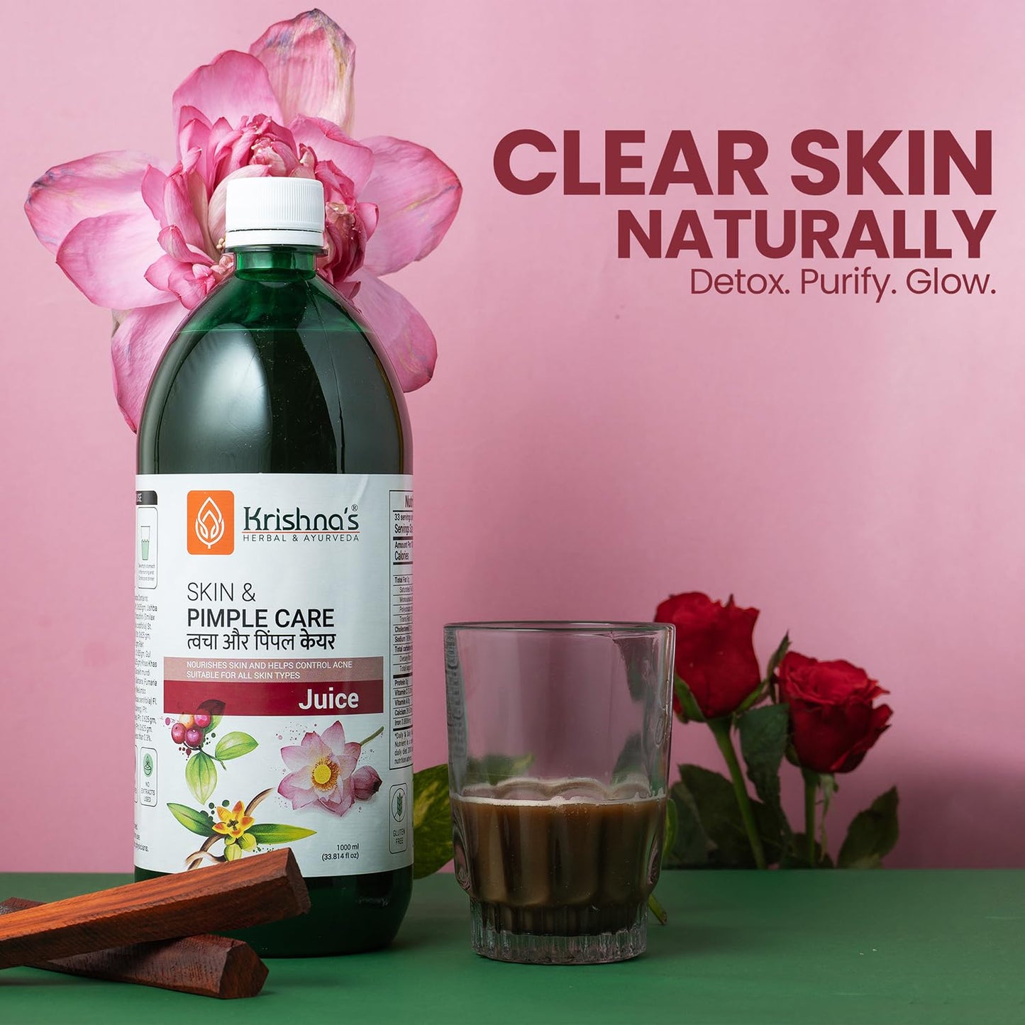 KRISHNA'S HERBAL & AYURVEDA Skin & Pimple Care Juice - 1000 Ml | Ayurvedic Skin Care Expert With Manjisth, Rose, Sankhpushpi & 13 Other Herbs | Helps In Reducing Acne, Pimples & Dark Spot
