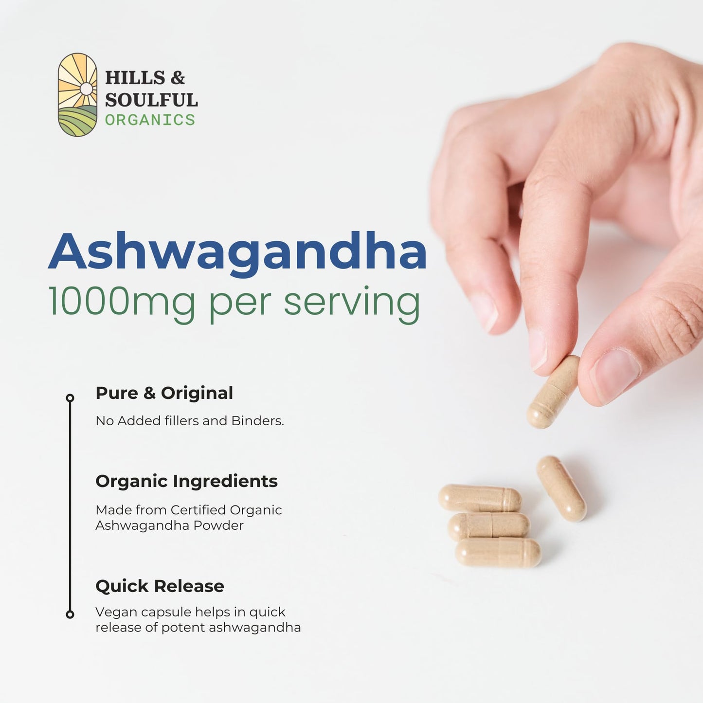 Hills and Soulful Organics Ashwagandha Capsules 1000mg per Serving | High Strength Ashwagandha Root Powder Supplement | Supports Stress Management, Energy & Stamina | Adaptogen for Men & Women | 60 Veg Capsules