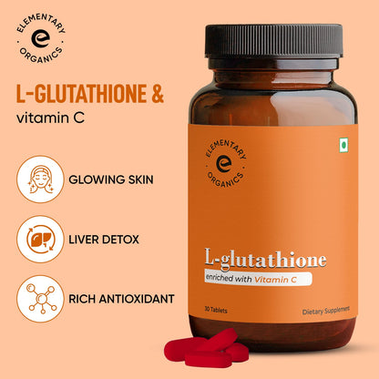 Elementary Organics L Glutathione Tablets with Vitamin C | Antioxidant Support, for Skin Glow and Hydration– 30 Veg Tablets (30 - Tablet)
