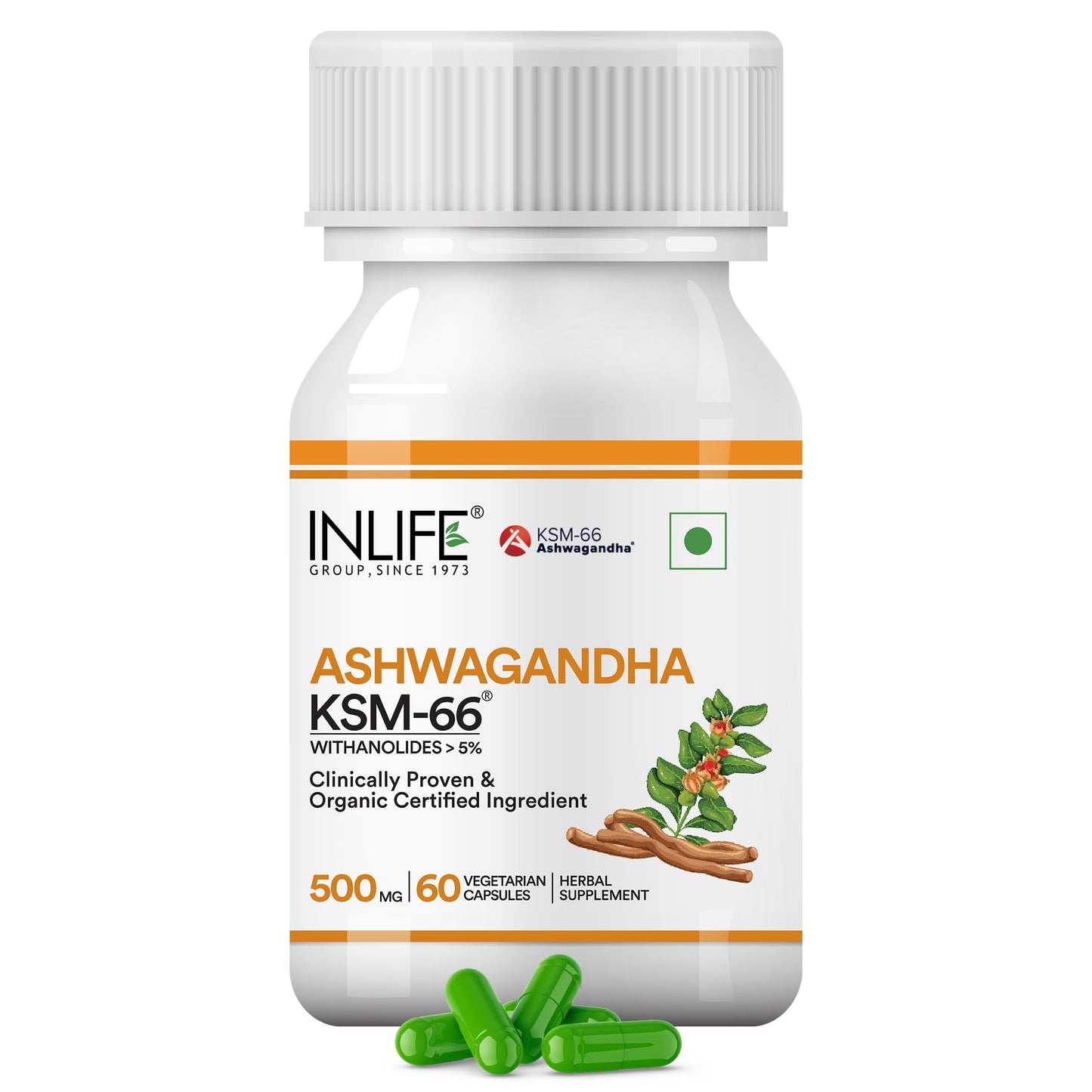 INLIFE Ashwagandha KSM-66 (500 mg) | 60 Capsules | Natural Formulation | Withania Somnifera Extract (Pack of 1, 60, count)