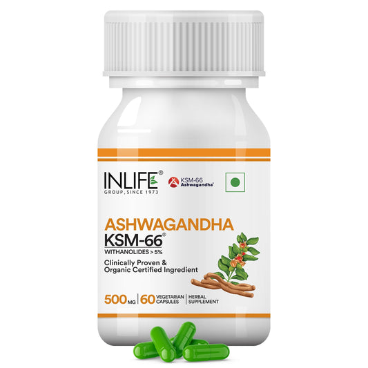 INLIFE Ashwagandha KSM-66 (500 mg) | 60 Capsules | Natural Formulation | Withania Somnifera Extract (Pack of 1, 60, count)