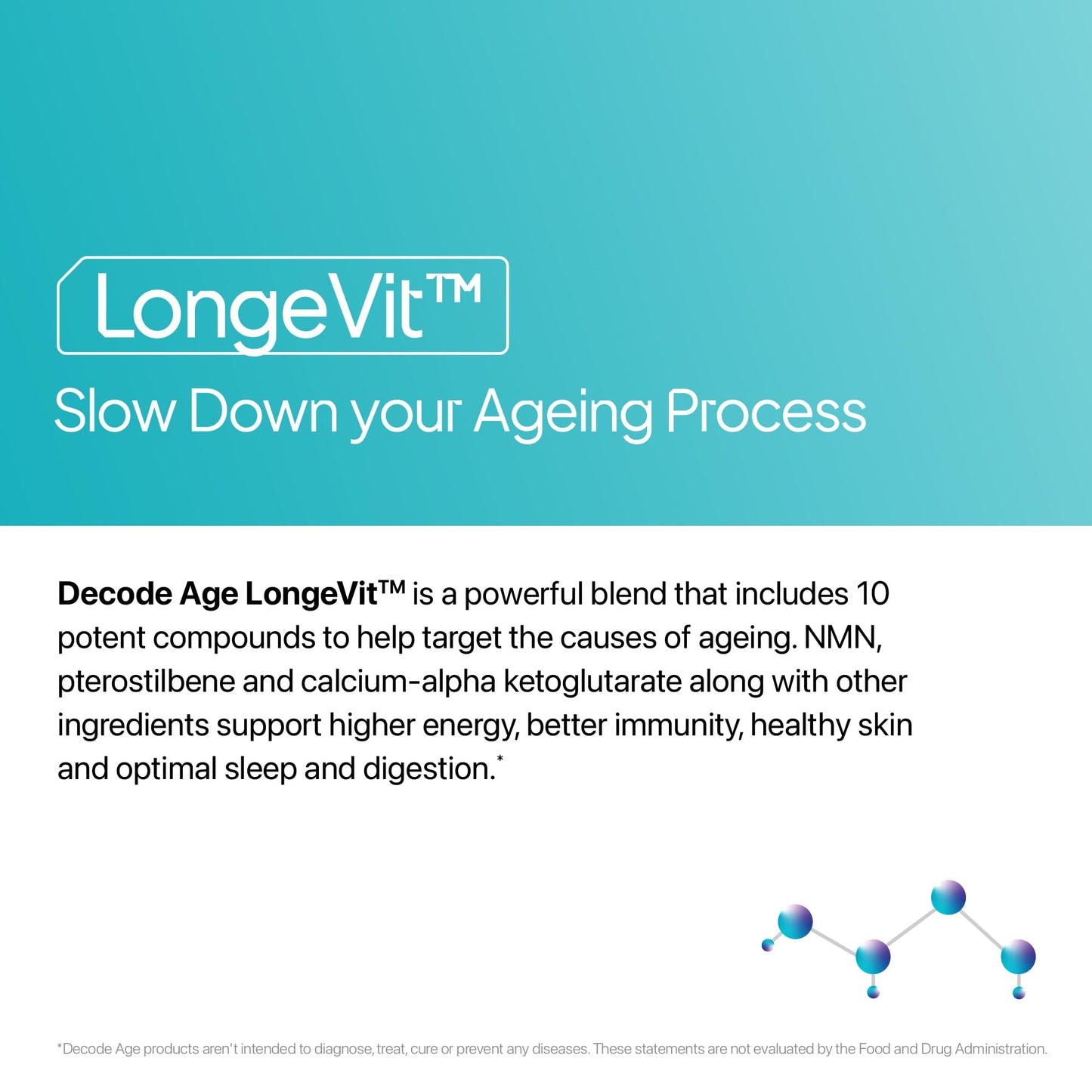 Decode Age LongeVit Supplement, contains NMN, hyaluronic acid, CoQ10 and other ingredients for Graceful Ageing, Boosts NAD+, Energy Levels, Endurance, Overall Health, Recovery, 30 Veg Tablets