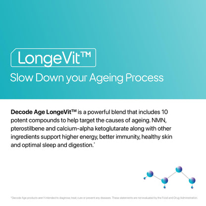 Decode Age LongeVit Supplement, contains NMN, hyaluronic acid, CoQ10 and other ingredients for Graceful Ageing, Boosts NAD+, Energy Levels, Endurance, Overall Health, Recovery, 30 Veg Tablets