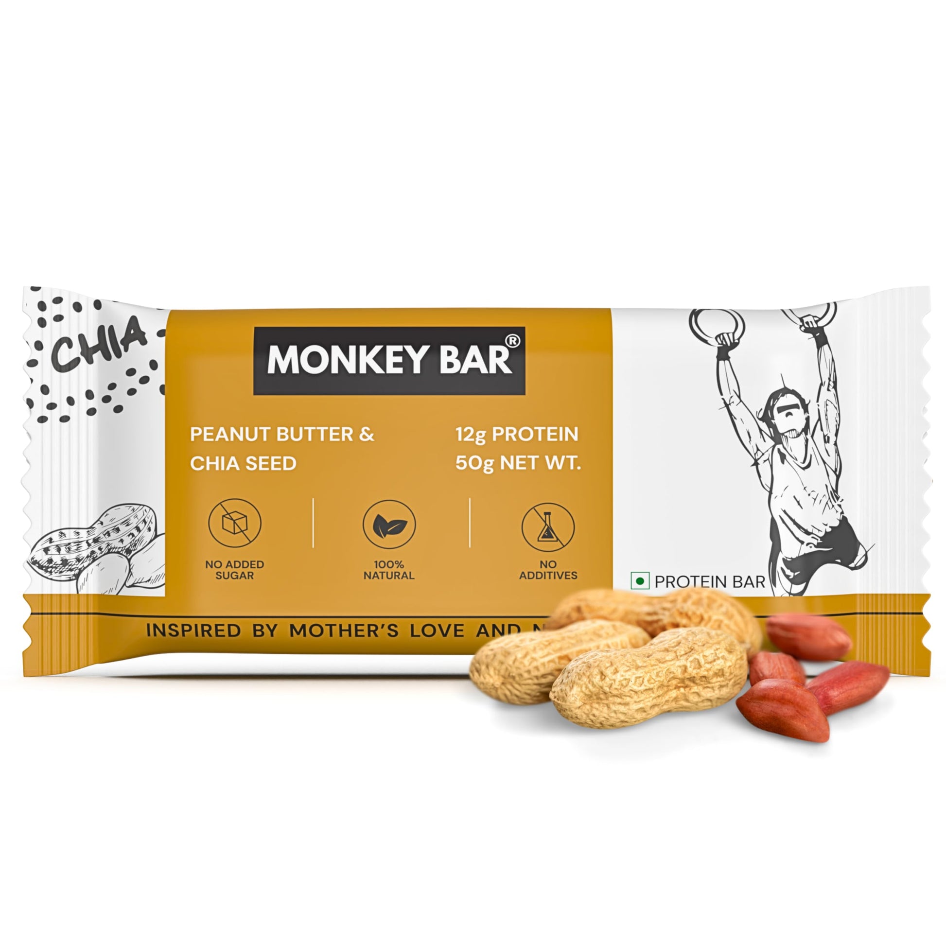 MONKEY BAR - Peanut Butter and Chia Seed Protein Bar - 8 Bars, 50g each, 12g Pro