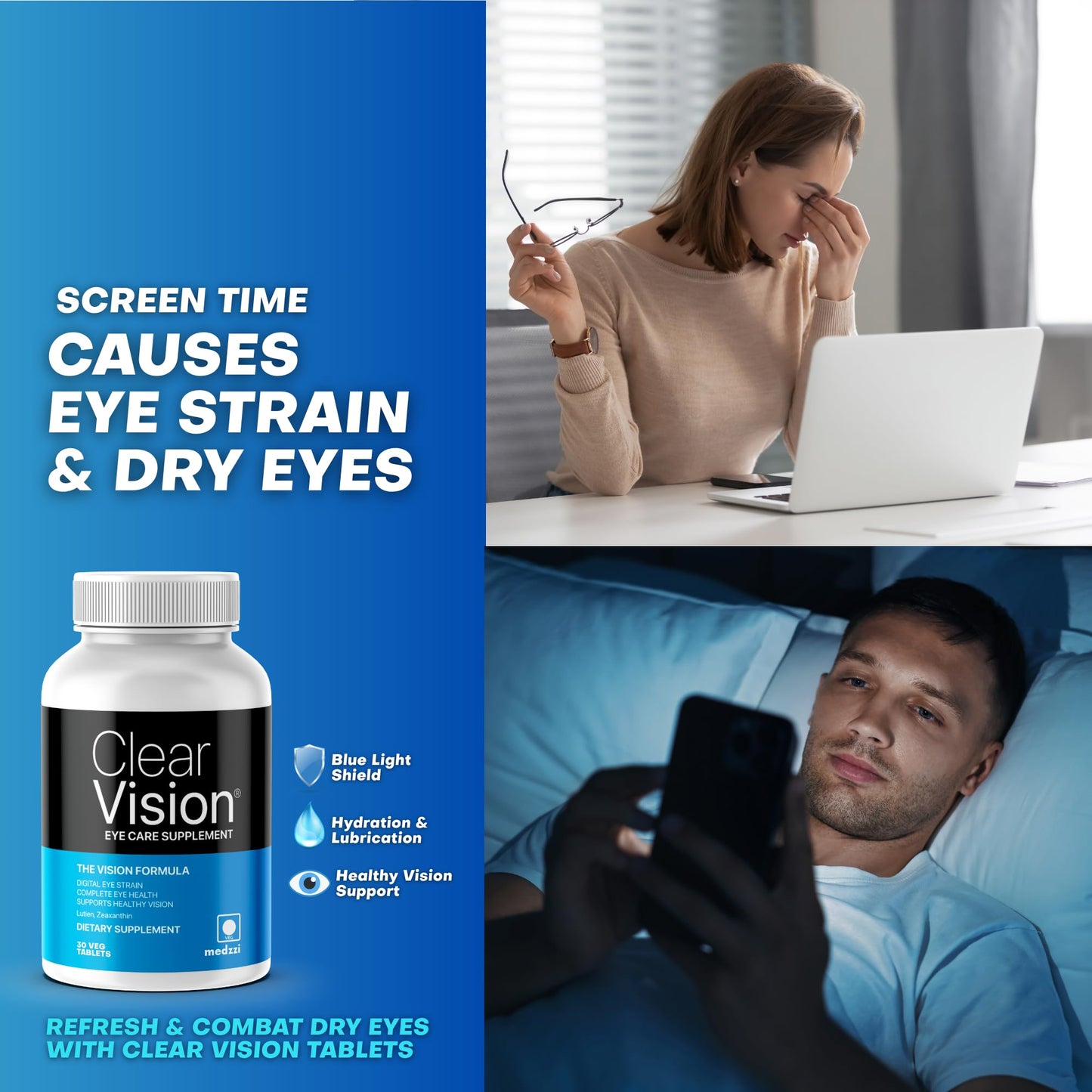 Medzzi Clear Vision Eye Care Tablets | Lutein, Zeaxanthin, Bilberry, Astaxanthin | Digital Eye Strain, Dry Eyes & Blue Light Support | Daily Eye Multivitamin | 30 Veg Tablets