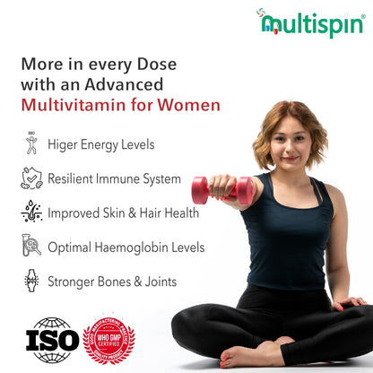 Multispin Advanced Multivitamin for Women (60 Tablets) | With 40 Clinically Researched Ingredients | For Glowing Skin, Shining Hair, Growing Nails, Energy, Immunity and Joint, PCOD, PCOS