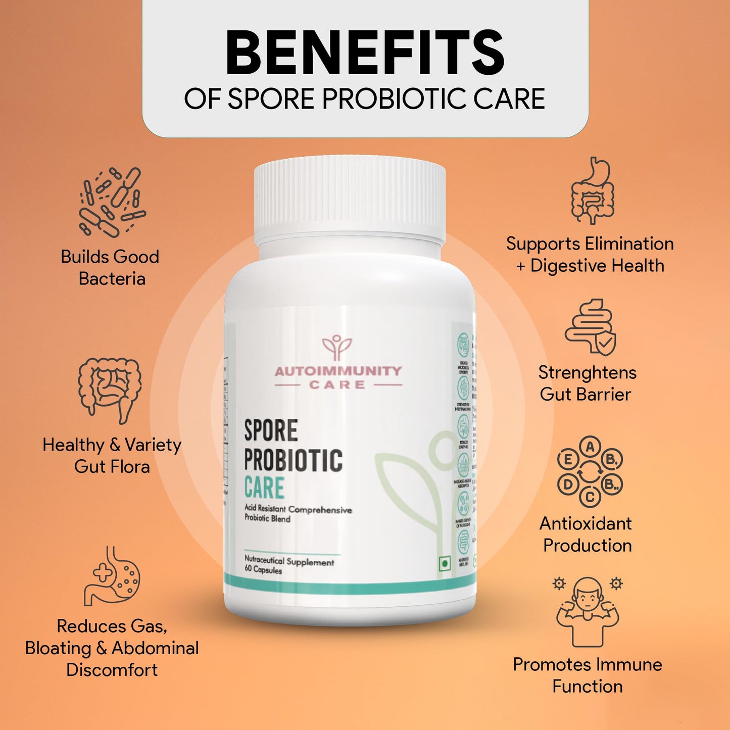 Autoimmunity Care Spore Probiotic Care | 6 Billion CFU Spore-Based Probiotics Supplement for Gut Health & Immunity | Probiotics for Women & Men | Reduces Gas, Bloating, Constipation & IBS | 60 Caps (60 doses)
