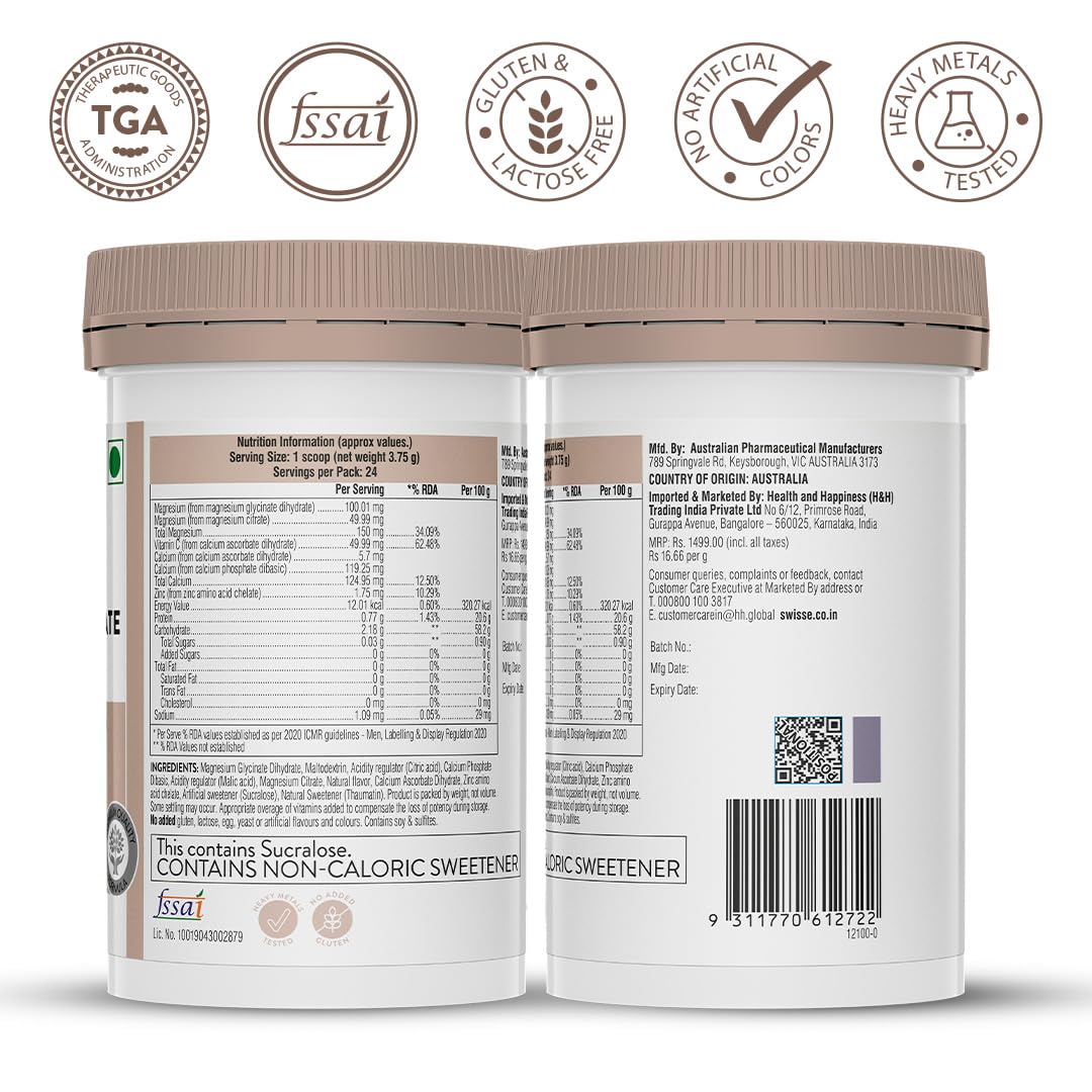 Swisse Magnesium Glycinate & Citrate Powder - Maximum Absorption (Australia's No.1 Magnesium Supplement, Manufactured In Australia) Supports Muscle Health, Post Workout Muscle Recovery & Restful Sleep - 90Gm