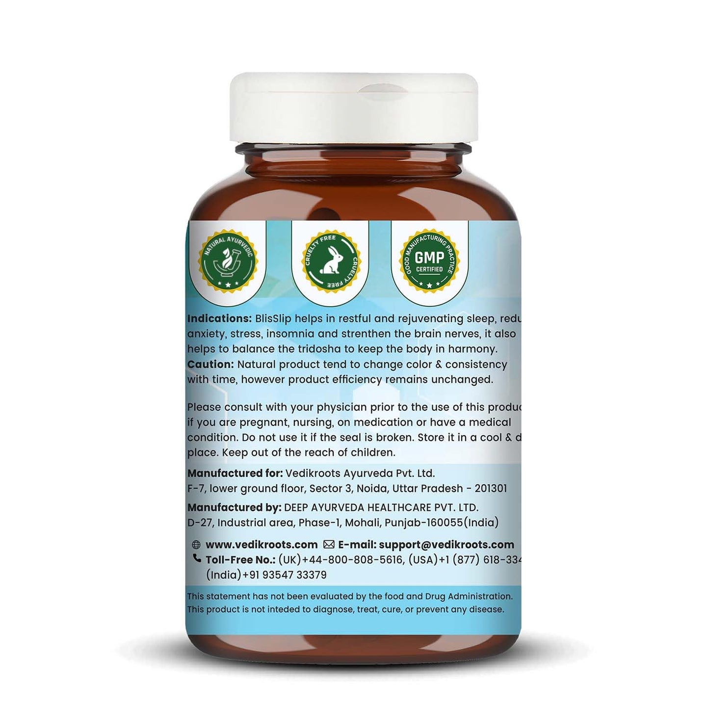VEDIKROOTS BlisSlip Ayurvedic Sleep Support Capsules | Herbal Wellness Supplement for Relaxation & Calmness | Helps in Healthy Sleep Routine & Relaxation | 60 Veg Capsules | (Pack of 1)