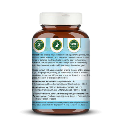 VEDIKROOTS BlisSlip Ayurvedic Sleep Support Capsules | Herbal Wellness Supplement for Relaxation & Calmness | Helps in Healthy Sleep Routine & Relaxation | 60 Veg Capsules | (Pack of 1)