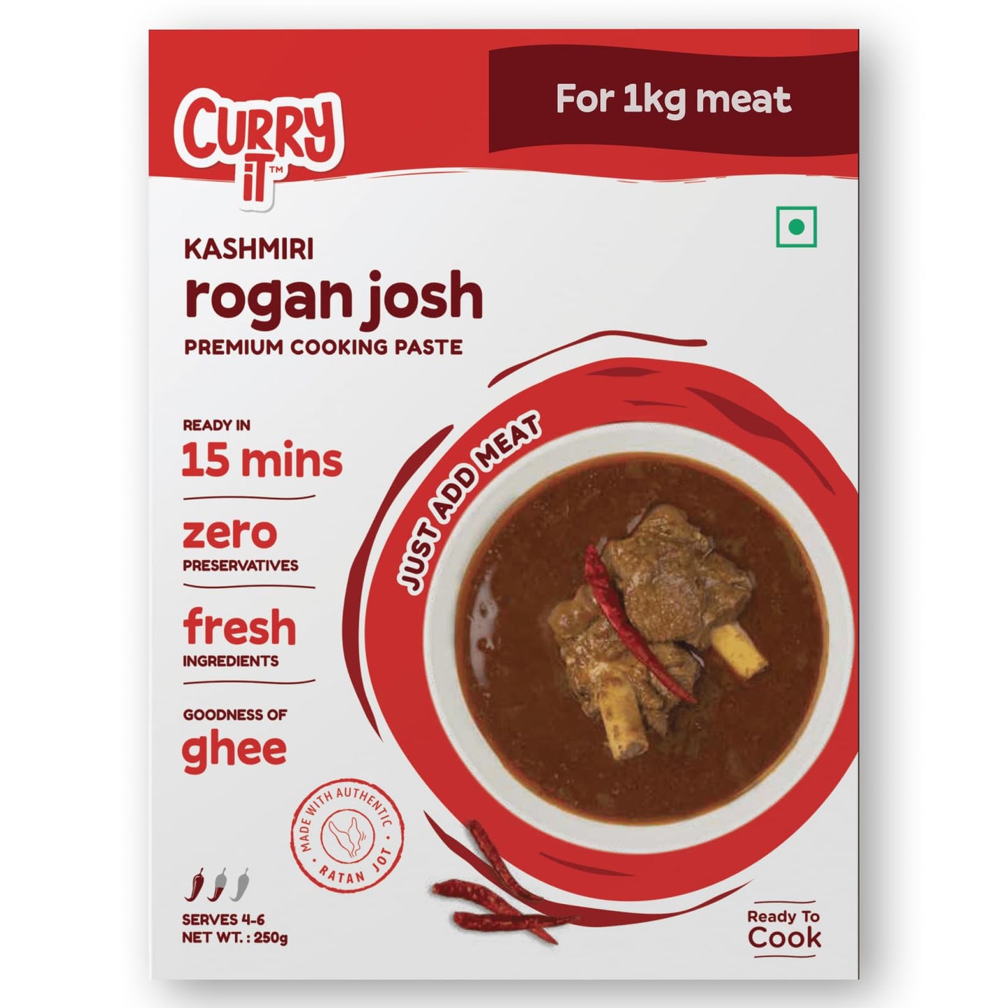 CURRYiT Kashmiri Rogan Josh Curry Paste 250g | Ready to Cook in 15 mins | Serves 6 | Just add Fresh Mutton, Chicken, Meat, Fish | Made with Ghee | No Preservatives | Eat with Khameeri Roti | Indian Masala Gravy