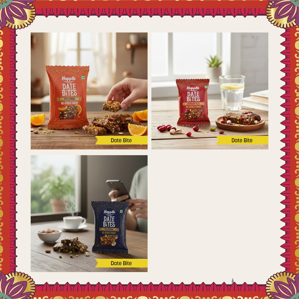 Happilo Premium Celebration Gift Box with 7 Inclusions | Dryfruit Sweets (Pistachio, Cranberry, Blueberry and Choco Almond) & Date Delight (Original, Cranberry and Orange) | Gift