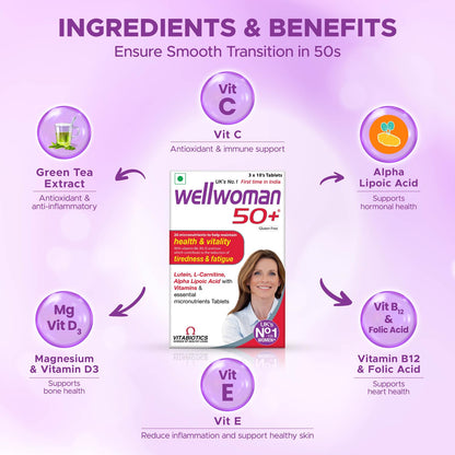 Wellwoman 50+ multivitamins for women over age 50 years with Vitamins,Iron,calcium,amino acids to support menopausal symptoms,maintain energy,Vision & Heart health| Vegetarian 30 Tablets, 20 grams