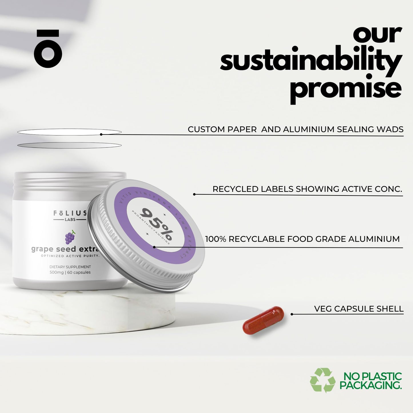 FOLIUS LABS Grape Seed Extract 500mg - 95% OPCs Polyphenols - High Strength Grape Seed Supplement - Support cardiovascular health – 60 Capsules