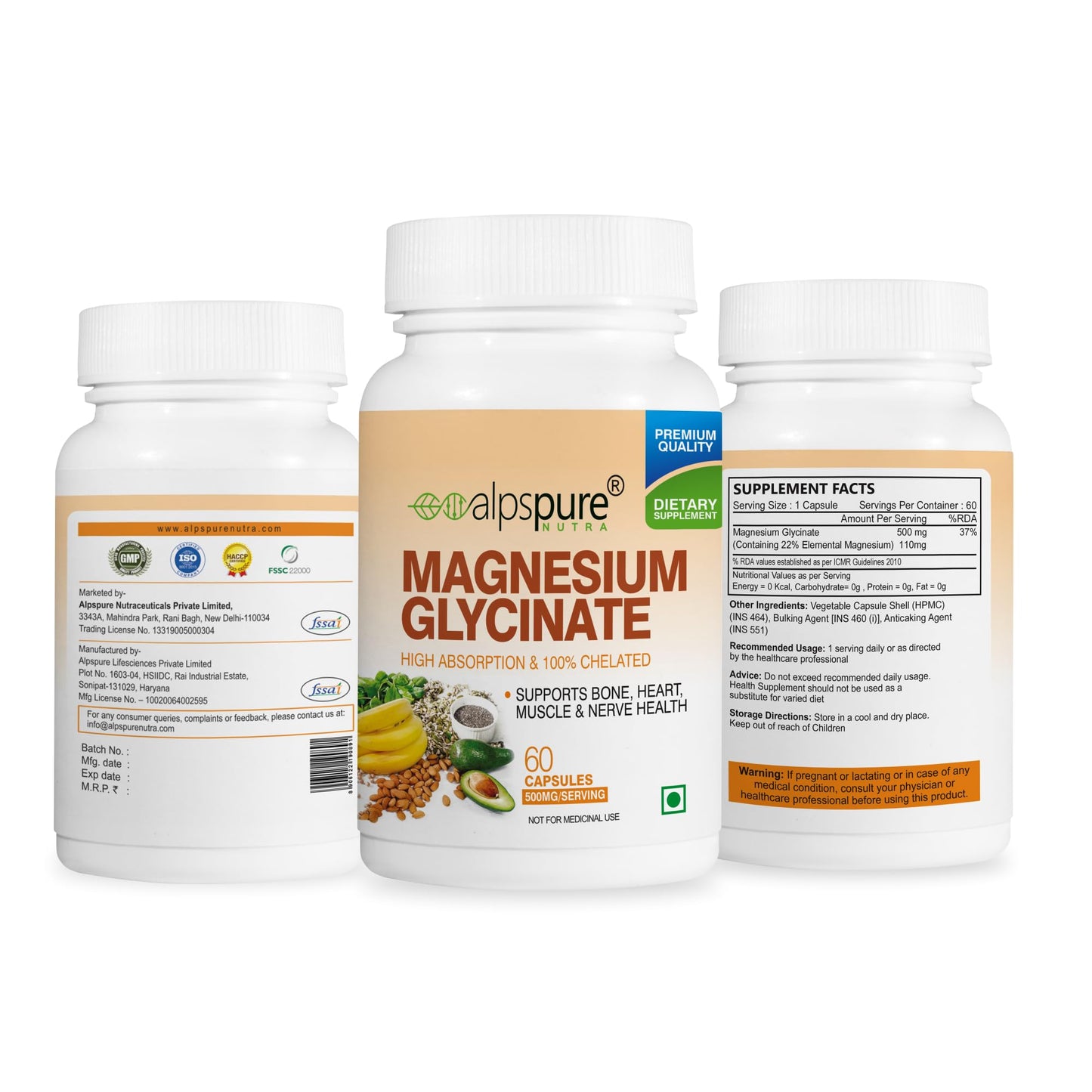 Alpspure Nutra Magnesium Glycinate | 60 Veg Capsules | High Absorption & Chelated Form | Better Sleep Quality | Improves Muscle & Nerve Function | Magnesium Supplement | Healthy Bones