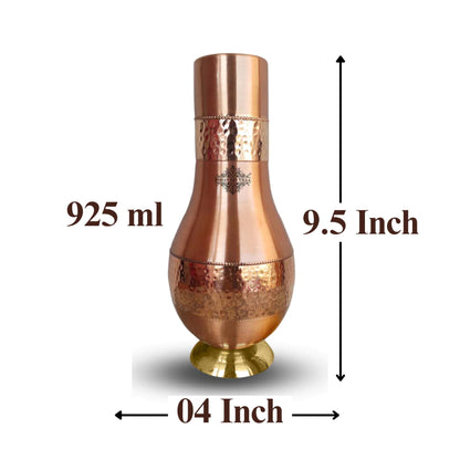 INDIAN ART VILLA Pure Copper Bedroom Water Bottle with Inbuilt Glass, Surahi Design with Brass Bottom - Half Hammered Finish, Volume 925 ml (Pack of 1)