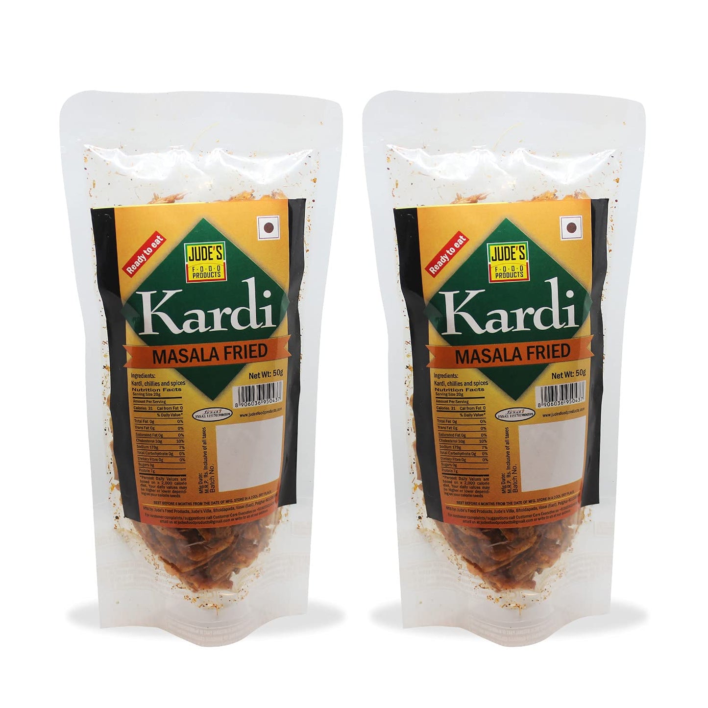 Jude's Food Products - Masala Fried Kardi | Dried Sea Prawns, Seafood |Cleaned & Cooked with Spices | Ready to Eat | No Added Color, Flavors | Dried Fish Snack, Food Accompaniment | Pack of 2 x 50 gms