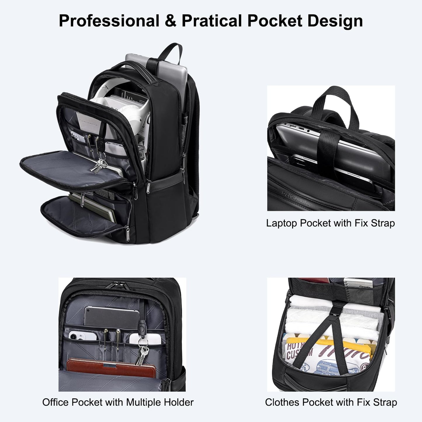 Arctic Hunter Premium Business Backpack for Men Women 20L Nylon Water-repellent Ergonomic EVA Back Pad Multiple Compartments Shockproof 15.6-inch Laptop Bag (Black)