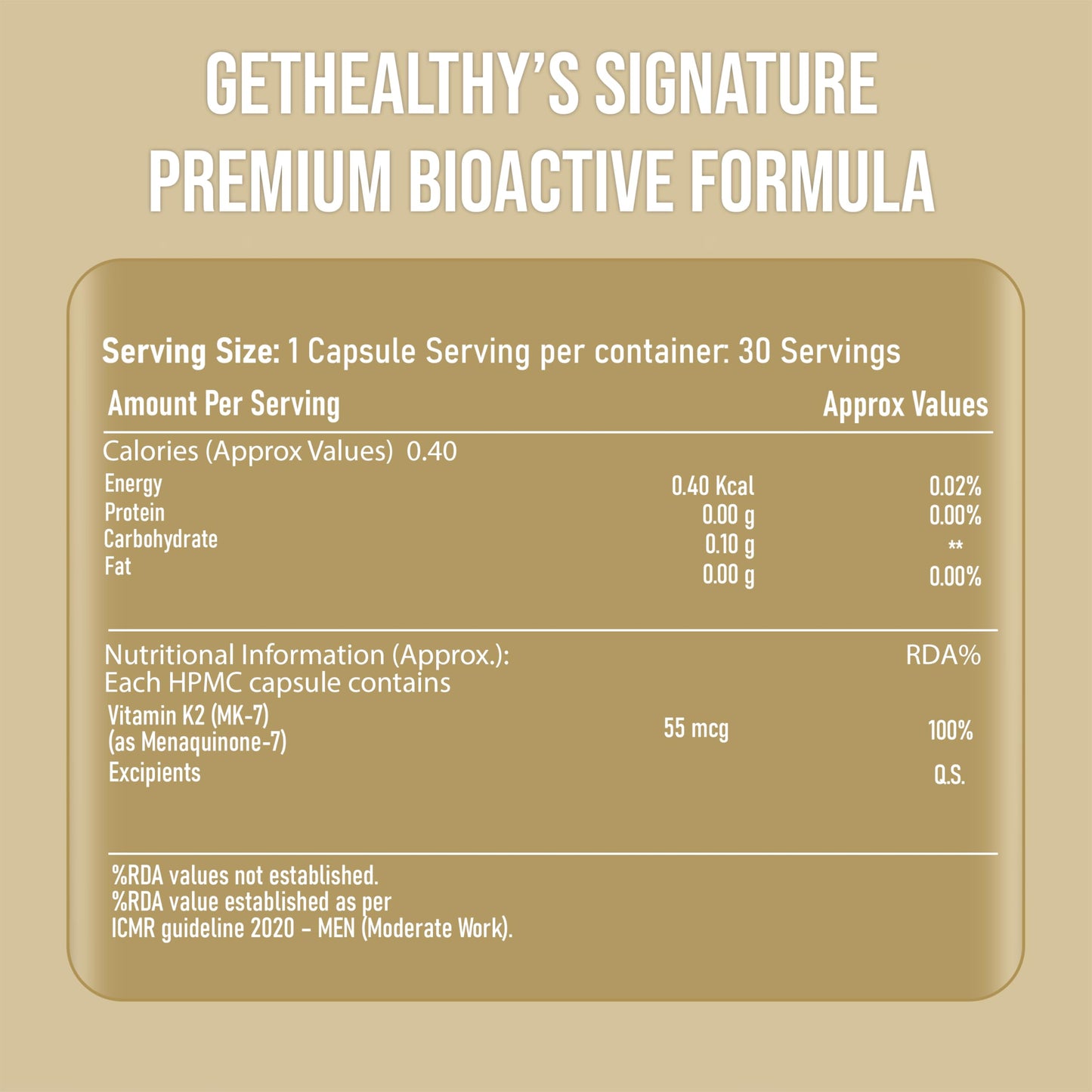 GetHealthy® CalciBalance™ Vitamin K2 MK7 55 mcg | All-Trans Menaquinone-7 | Daily Bone Wellness Support | Vegetarian Capsules | Made in India | 30 Count