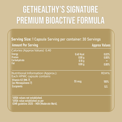 GetHealthy® CalciBalance™ Vitamin K2 MK7 55 mcg | All-Trans Menaquinone-7 | Daily Bone Wellness Support | Vegetarian Capsules | Made in India | 120 Count