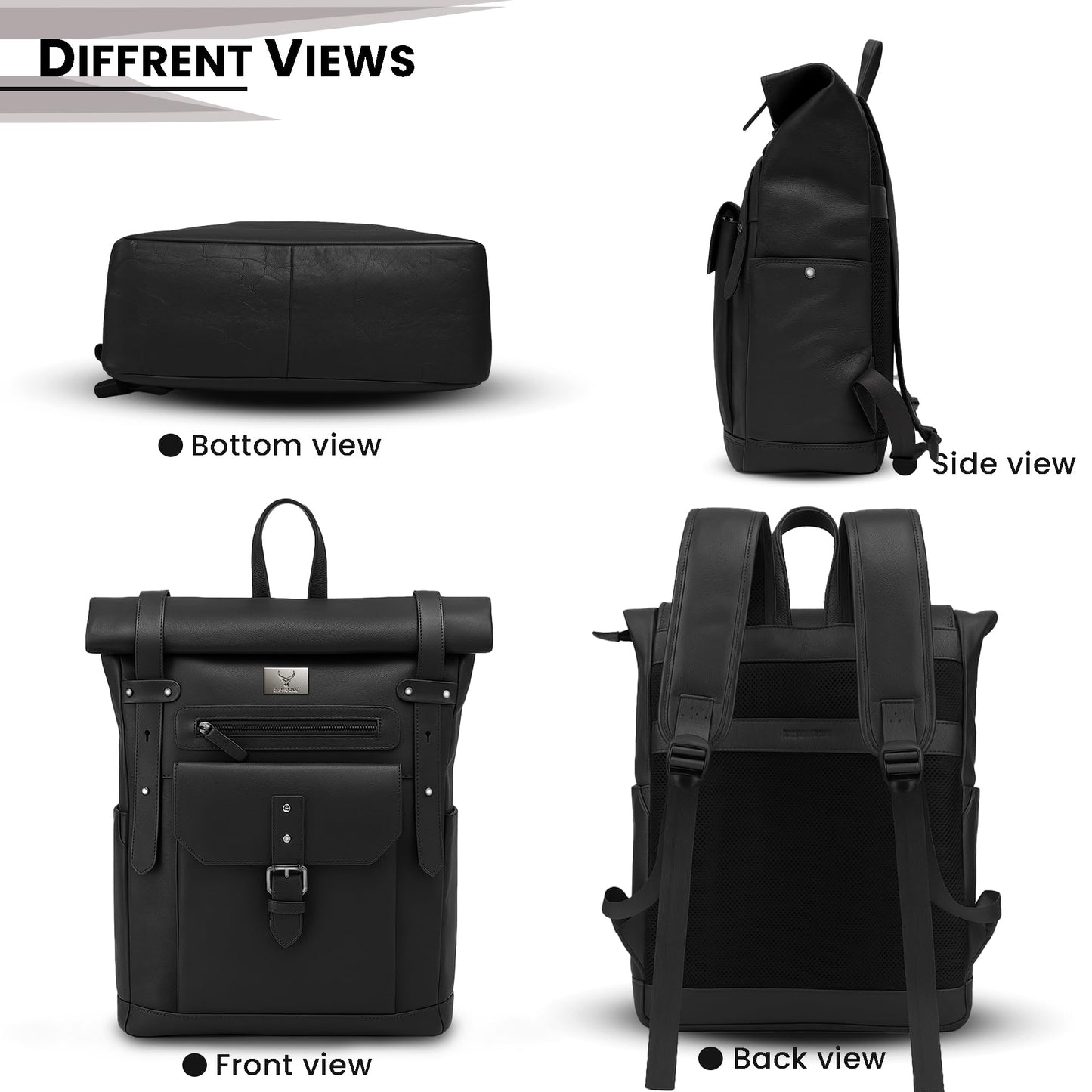 REDHORNS Urbane Pro Roll-Top Unisex Genuine Leather Backpack- 25L Backpack For Business, Office, Travel with Trolley Sleeve- Black