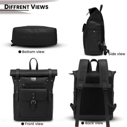 REDHORNS Urbane Pro Roll-Top Unisex Genuine Leather Backpack- 25L Backpack For Business, Office, Travel with Trolley Sleeve- Black