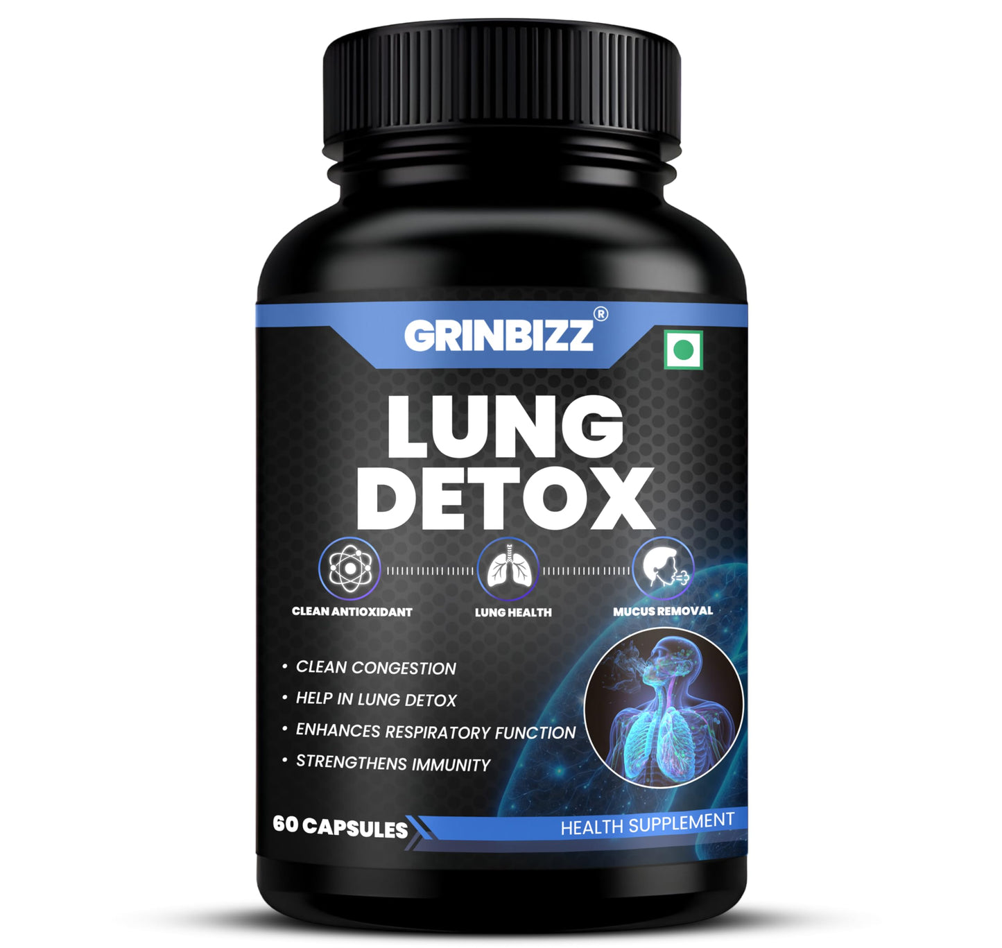 Grinbizz Lung Detox Capsules | Supports Lung Health, Respiratory Function & Mucus Removal | Herbal Antioxidant Cleanse | Ayurvedic Supplement for Immunity & Breathing Support | 60 Capsules