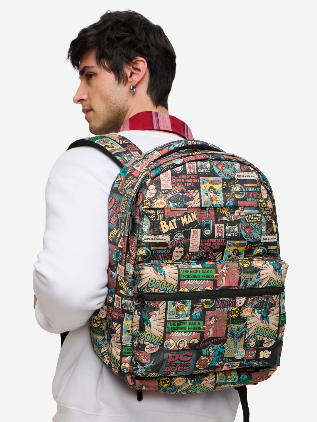 The Souled Store DC: Vintage Pack Backpack | Classic Retro Justice League Laptop Bag | Water-Resistant Multi-Pocket Travel Rucksack for Men & Women | Official DC Comics Collectible Merchandise