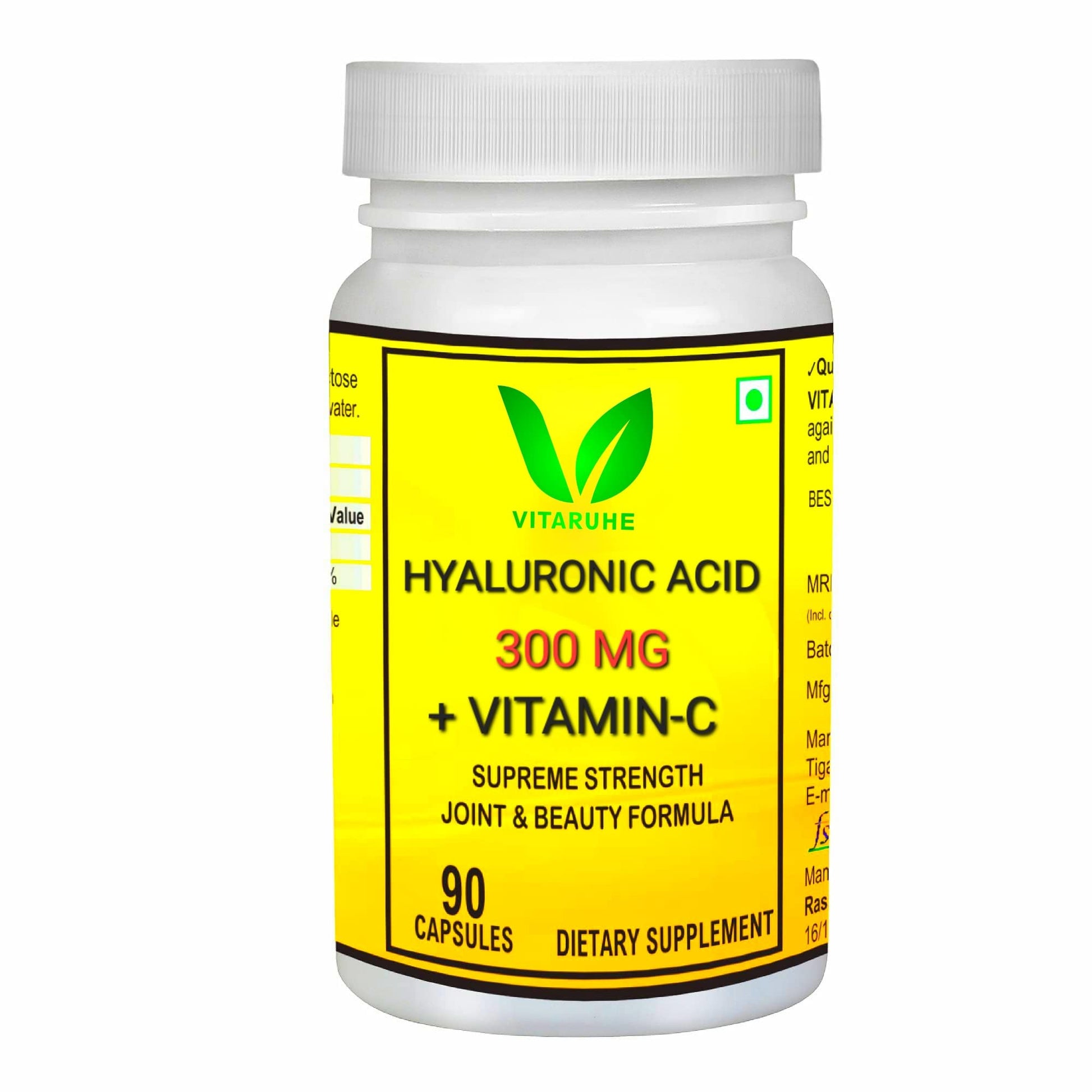 VITARUHE Hyaluronic Acid Capsules High Dosage, 300 mg Per Capsule, Vegan, Low Mo