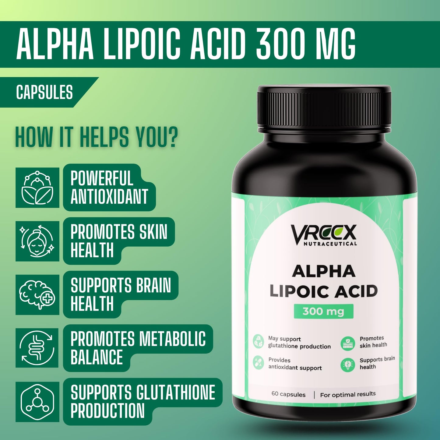 VREEX ALA 300 mg | Alpha Lipoic Acid Supplement | Supports Antioxidant Protection, Nerve Health & Energy Metabolism | 60 Capsules