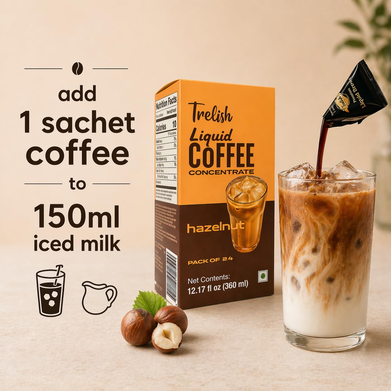 Trelish Coffee Concentrate - Hazelnut | Single Servings | Coffee decoction |Perfect for Hot or Iced Instant Coffees, Sugar Free, Shelf Stable, No Refrigeration, Travel Friendly | 24 servings - 360ml