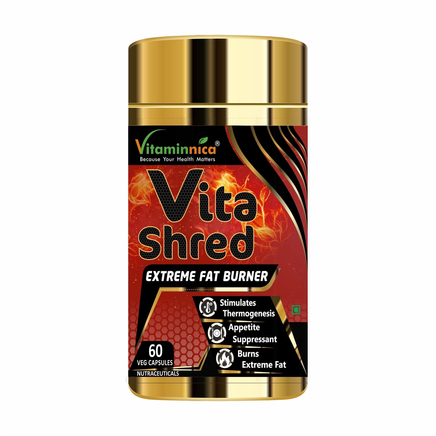 Vitaminnica Vita Shred - Fat Burner Capsules for Men and Women | Excellent Fat Burner Supplement, Metabolism Booster| Reduces Cholesterol & Sugar levels| 60 Veg Capsules
