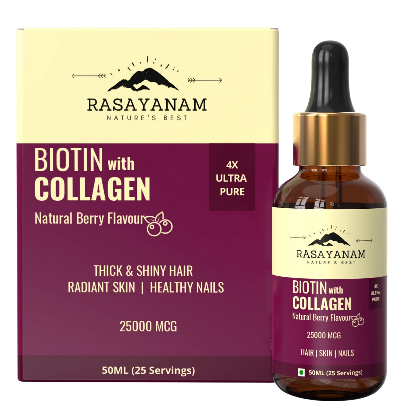 Rasayanam Liquid Biotin & Collagen for Hair Growth 25,000mcg (50 ml Berry Flavour) | Supports Hair Growth & Healthy Skin, Nails | Stronger Than Tablets & Capsules to reduce hair fall for Men & Women