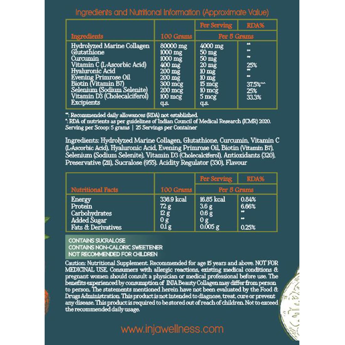 INJA Beauty Marine Collagen Powder for Women and Men, Japanese Formulation Collagen Supplement with Vitamin C, Supports Healthy Skin, Hair, Joints, Muscles, Sugar-Free, Gluten-Free, Orange Flavor, 125 gm