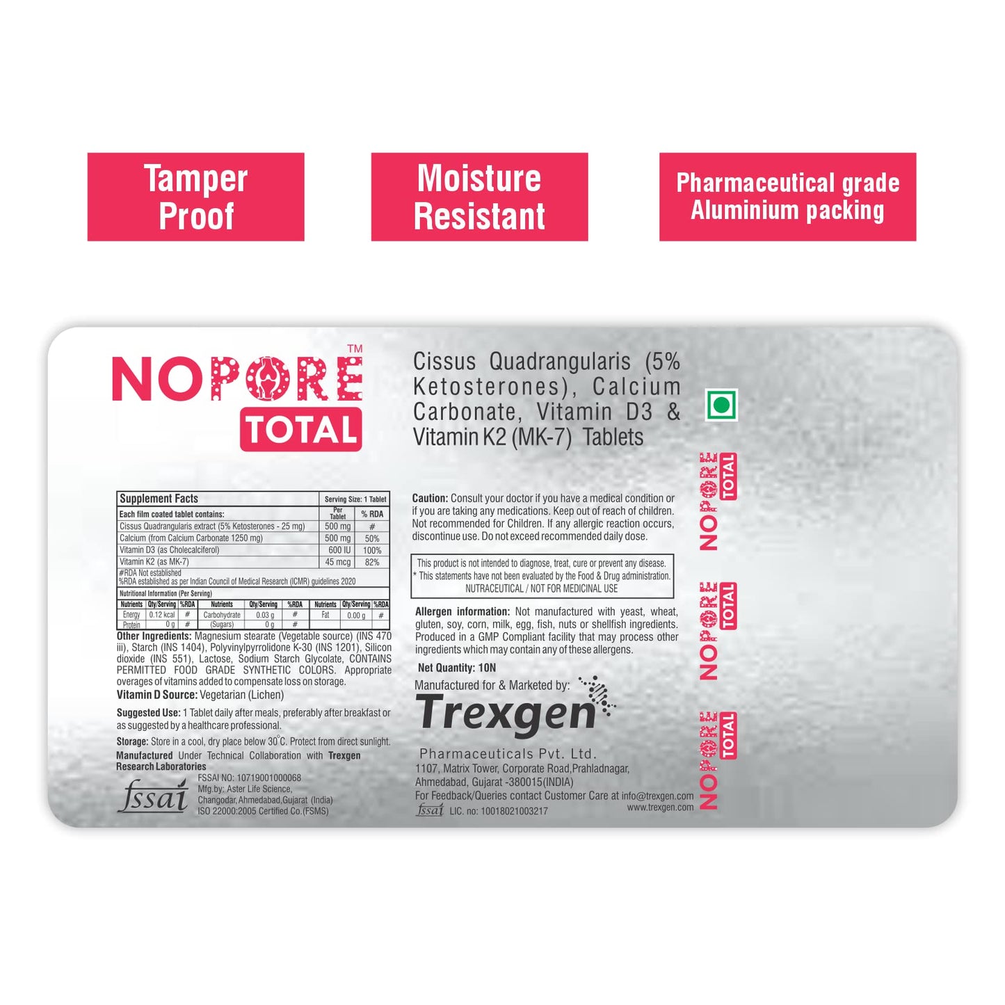 Trexgen-NOPORE TOTAL Hadjod 500mg >5%K.S.-Complete Strong Bones & Fracture Healing Support-Cissus Quadrangularis(hadjod) >5% K.S. 500mg; Calcium 500mg; Vitamin K2-7 45mcg; Vitamin D3 400IU-30 Tablets