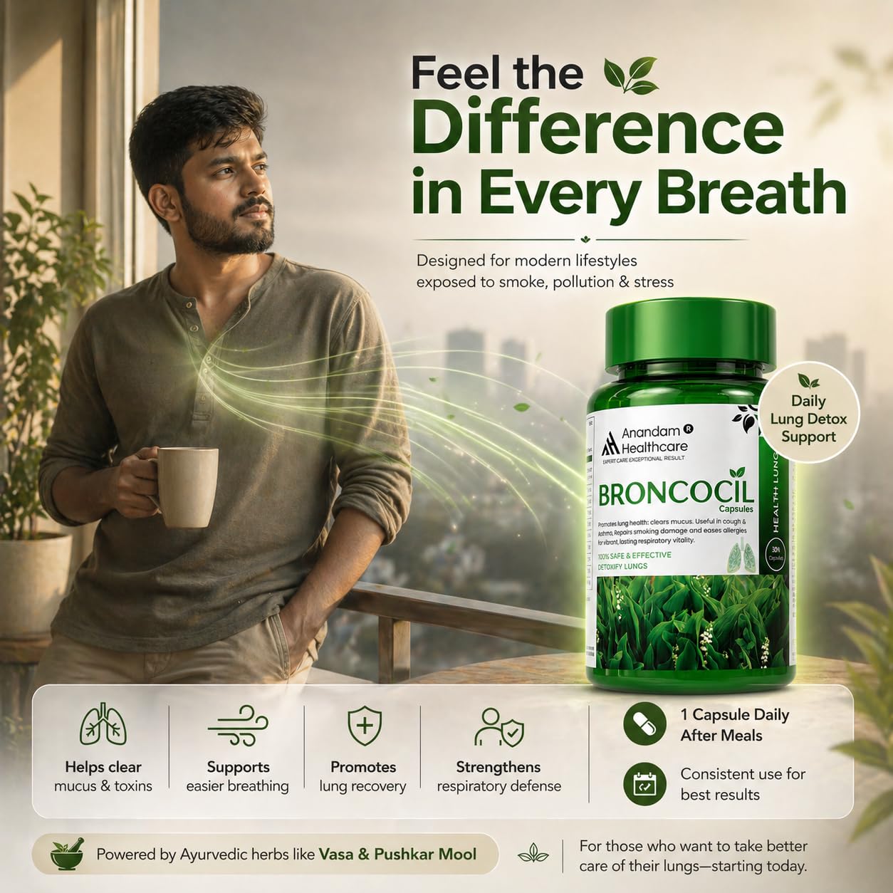 Lung Detox & Cleanse Capsules for Smokers & Pollution | Ayurvedic Respiratory & Breathing Support Supplement | Mucus & Airway Cleansing | Daily Lung Health Detox from Within | Broncocil for Men & Women