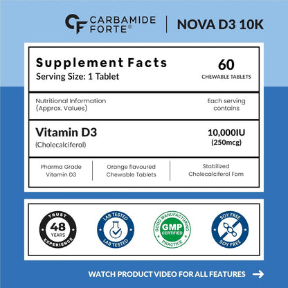 Carbamide Forte Vitamin d3 10000iu | Chewable Vitamin D Tablets | D3 Supplement for Bone & Immunity | Vitamin D3 Supplement for Women & Men | Orange Flavour - 60 Tablets