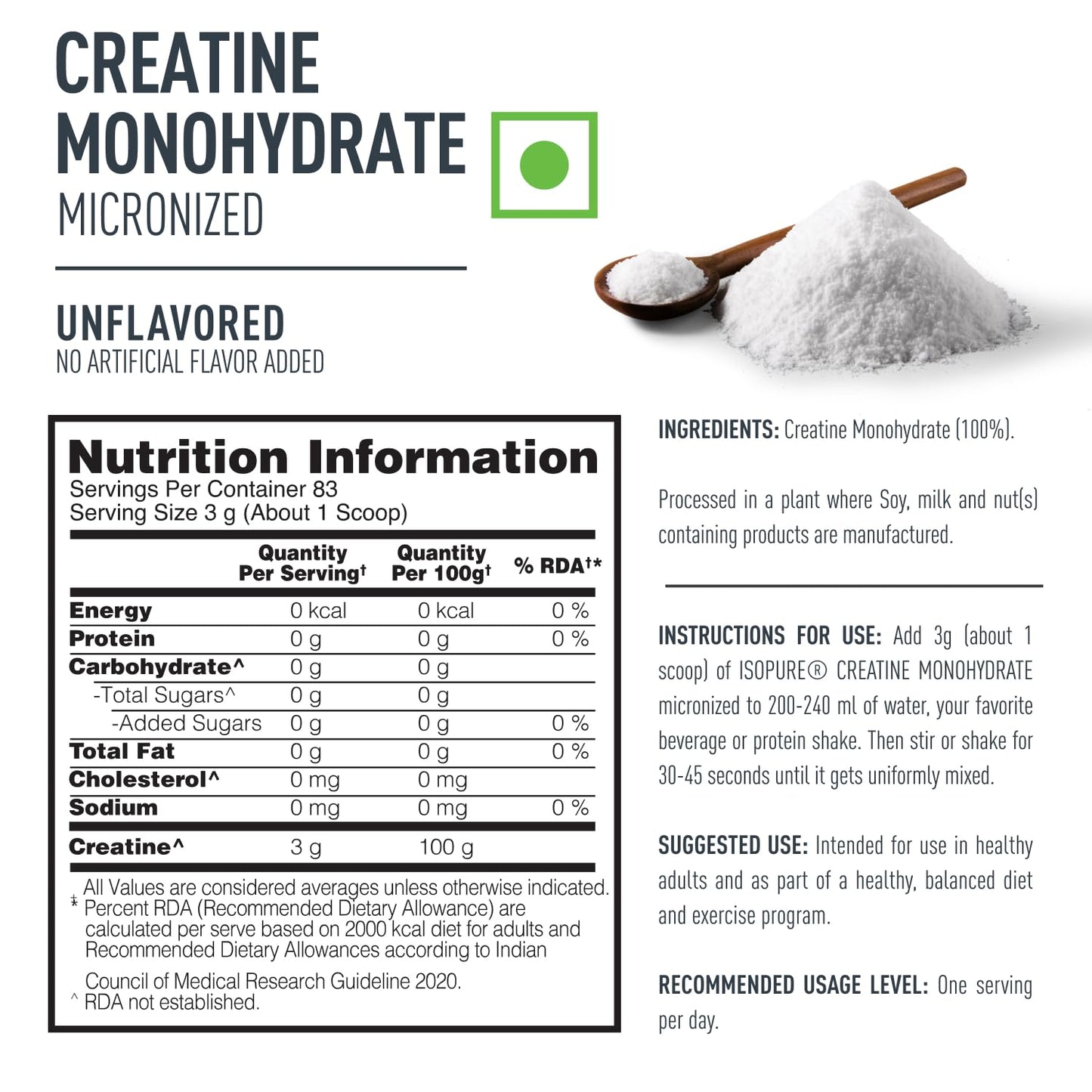 Isopure 100% Creatine Monohydrate Micronized, 250 G- 83 servings, Increase Lean Muscle Mass, Enhances Muscular Endurance,Powder