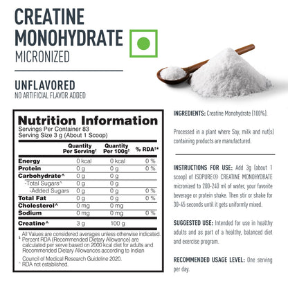 Isopure 100% Creatine Monohydrate Micronized, 250 G- 83 servings, Increase Lean Muscle Mass, Enhances Muscular Endurance,Powder