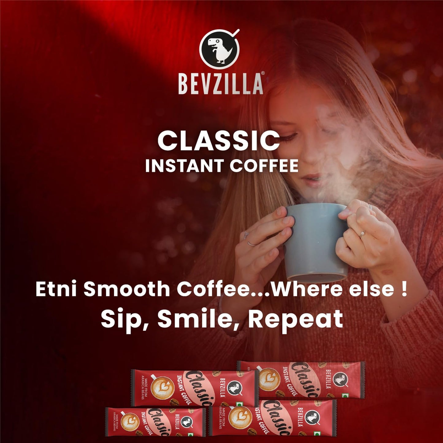 Bevzilla 48 Classic Instant Coffee Sachets | Arabica Coffee | Perfect for Espresso, Latte & Cappuccino | Enjoy Hot & Cold Brews | 96g
