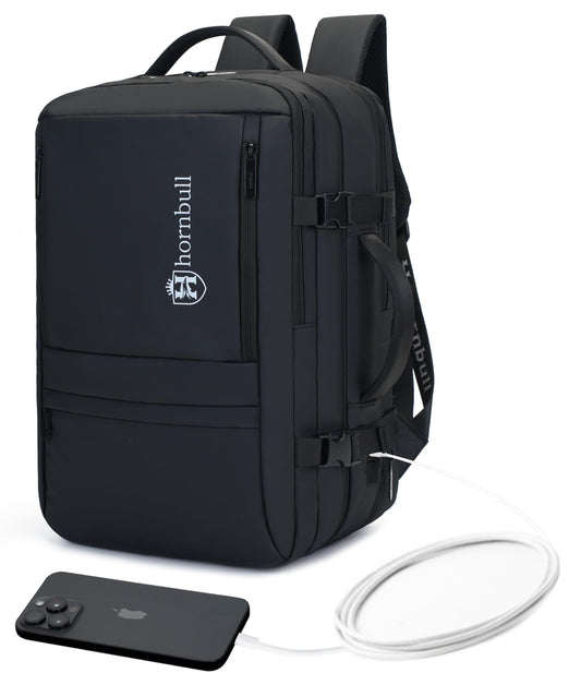 HORNBULL Washington Black Backpack 42L Office Travel 17 inch Laptop Backpack 3 in 1 Expandable & Convertible USB & Type-C Port Water-resistant Multi Compartment Overnight Backpack for Men Black