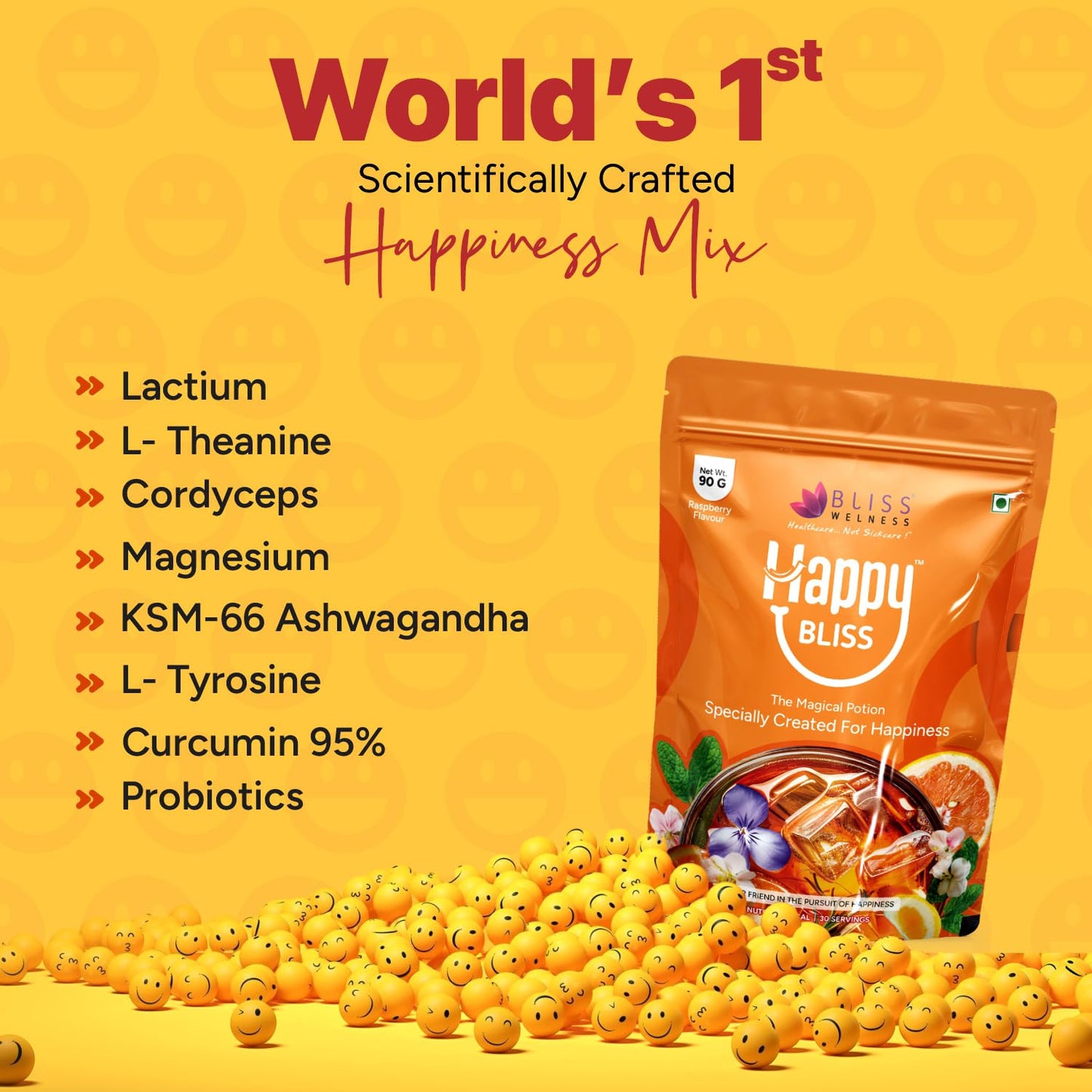 Bliss Welness Happy Bliss : Happiness, Anxiety & Stress Relief Supplement | Natural Support for Calm, Mood, Anti Nervousness & Happy Hormones | Supports Balance of Cortisol, Dopamine, Endorphin, Serotonin & Oxytocin | Magnesium, KSM 66 Ashwagandha : 30 Se