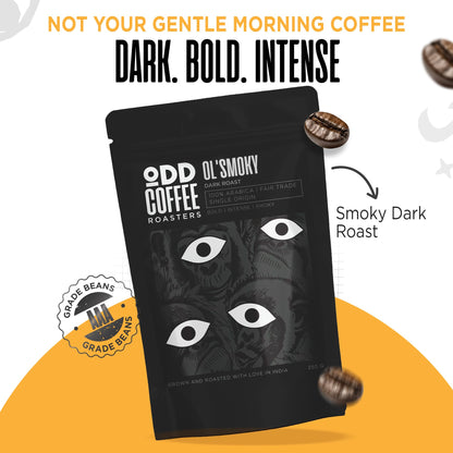 ODD COFFEE ROASTERS Ol' Smoky 100% Arabica Roasted Coffee Powder 250 gms Dark Roast | AAA Grade Specialty Beans | Bold Intense Smoky Notes | Single Origin Ground Coffee Powder for Pourover