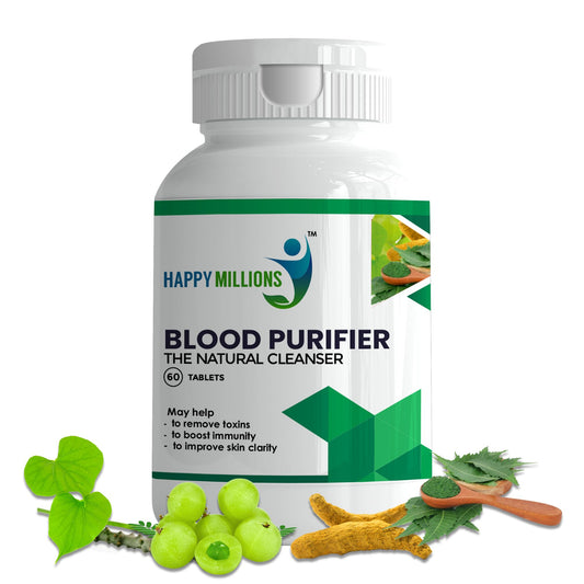 HappyMillions Blood Purifier Ayurvedic Detox for Clear Skin & Pimples Reduction Boosts Immunity with Neem, Giloy, Amla & Haldi Supports Liver Health 2 Tablets Daily For Healthcare Advised 60 Tablets