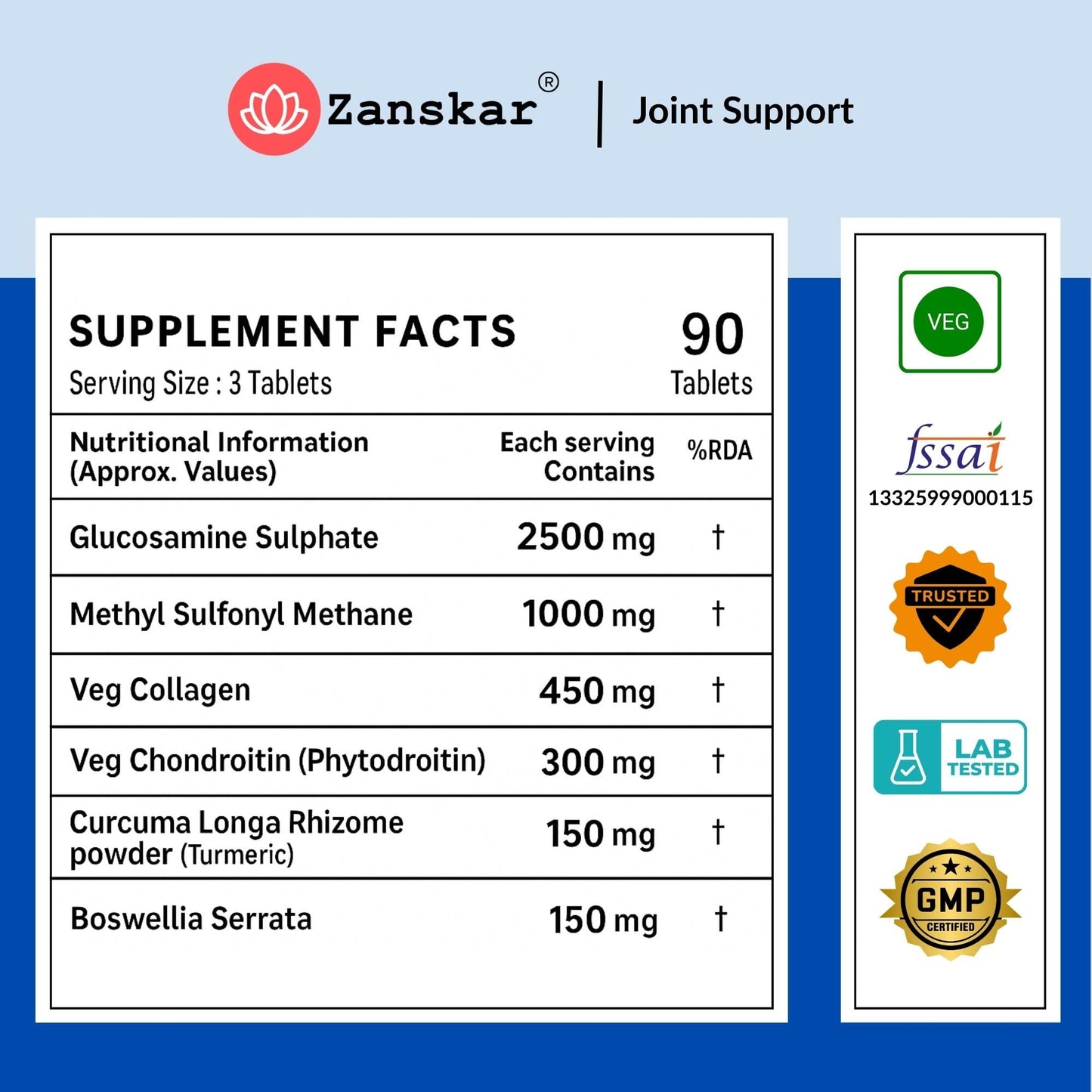 Zanskar Joint Support Supplement (60 Tablets) | 100% Veg - Glucosamine, Chondroitin, MSM, Collagen & Curcumin (4500mg) | Supports Joint Comfort, Flexibility & Mobility